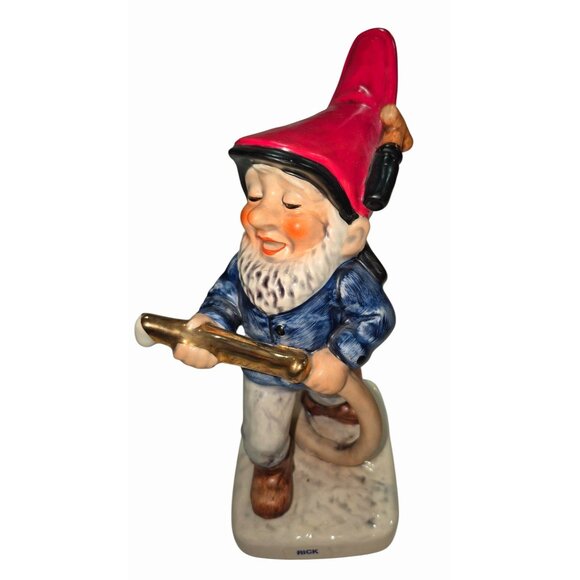 Vintage Ceramic Fireman Goebel Gnome Figurine Red Hat Holding Hose - Picture 1 of 11